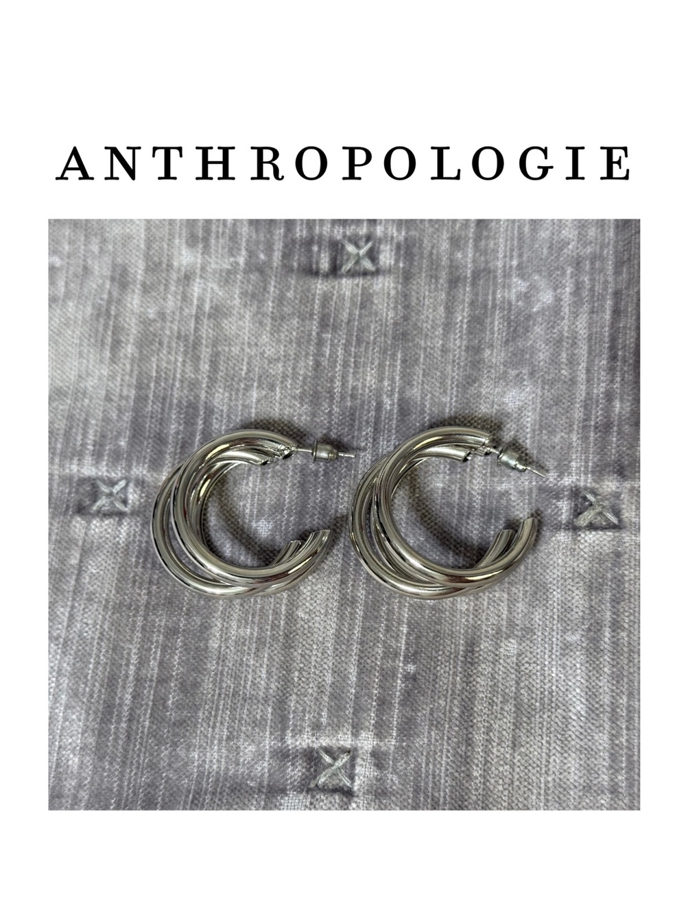 Anthropologie Silver Triple Layer Half Hoop Post Earrings